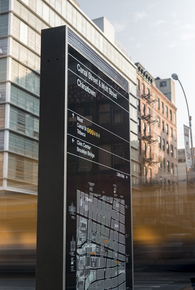 The kiosks designed by Billings Jackson echo the forms of the city's architecture.